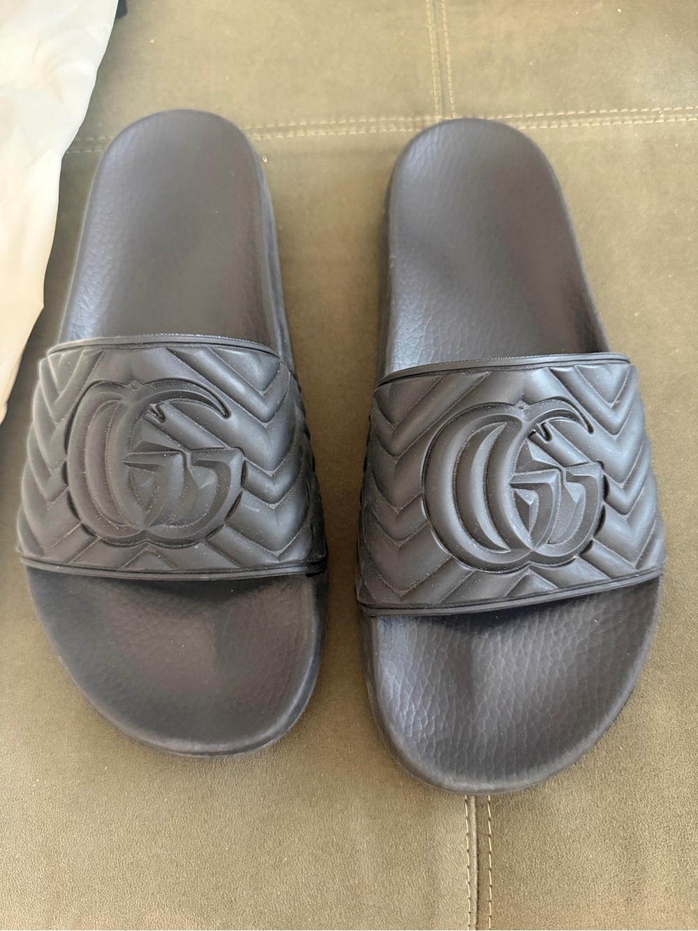 Black Gucci GG Logo Quilted Slide Sandals Matelasse Slides
